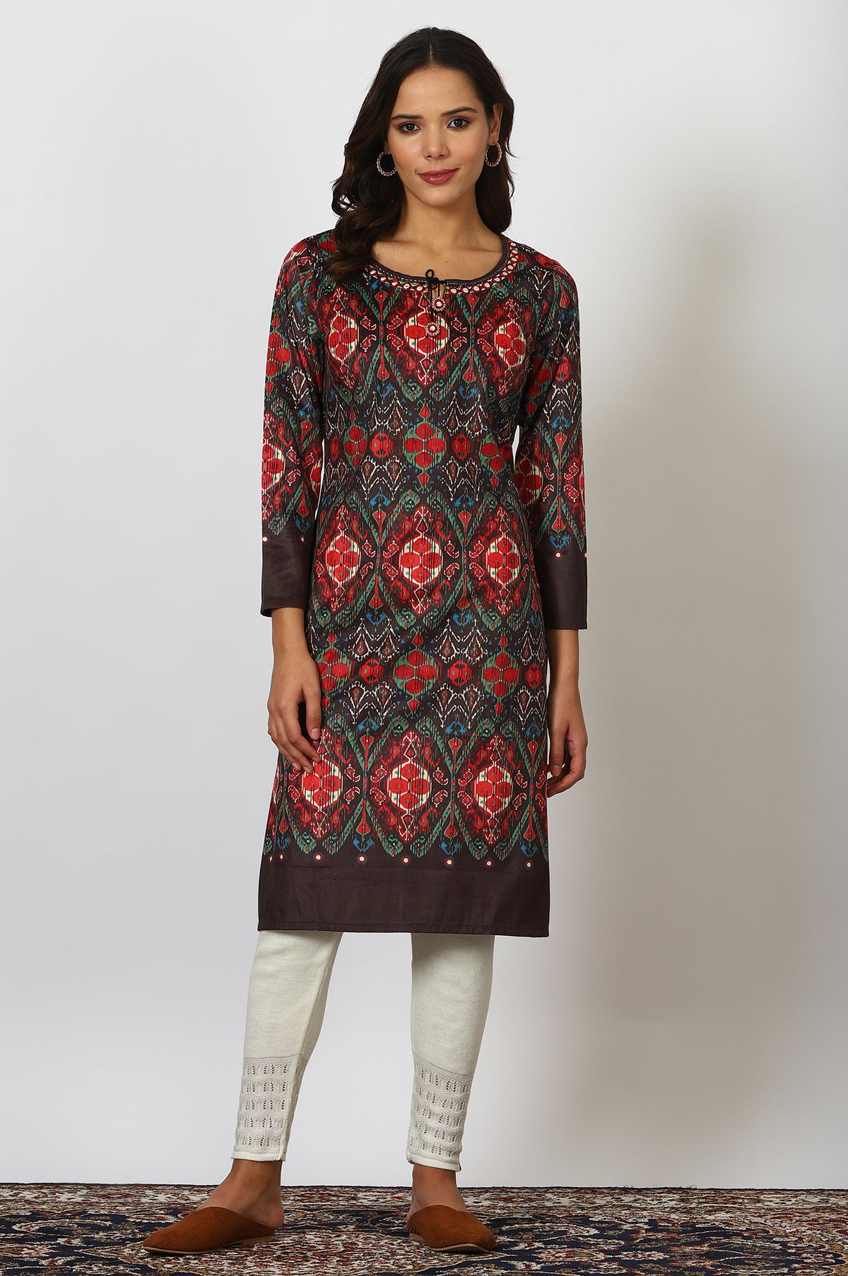 Multicolour Printed Mirror Work Straight Kurta - XS