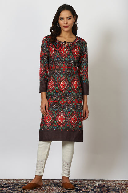 Multicolour Printed Mirror work Straight Kurta