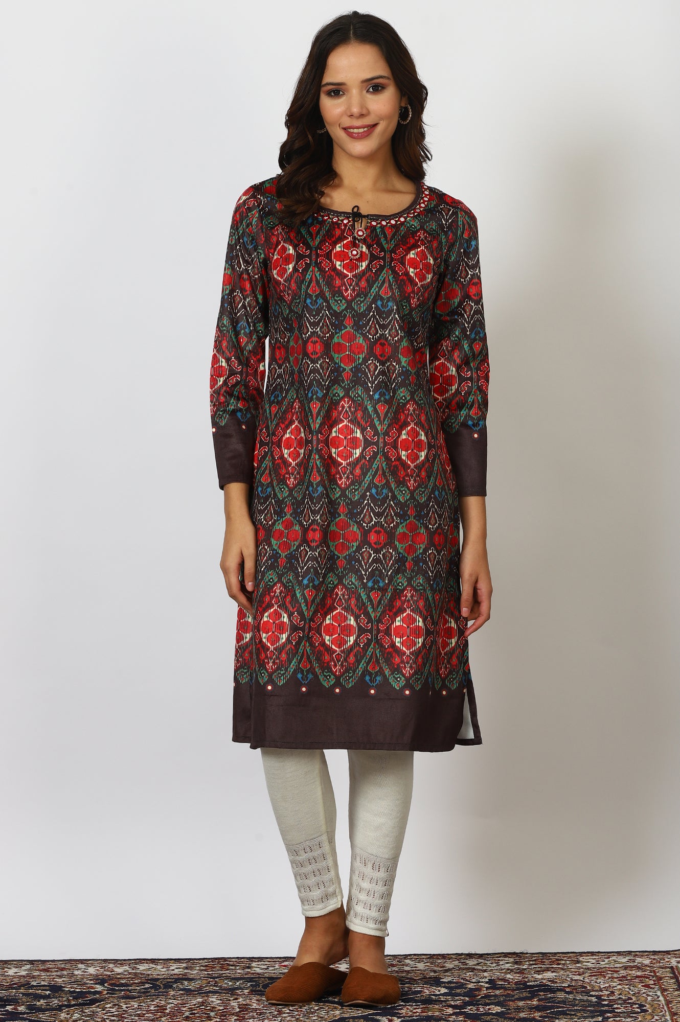 Multicolour Printed Mirror work Straight Kurta