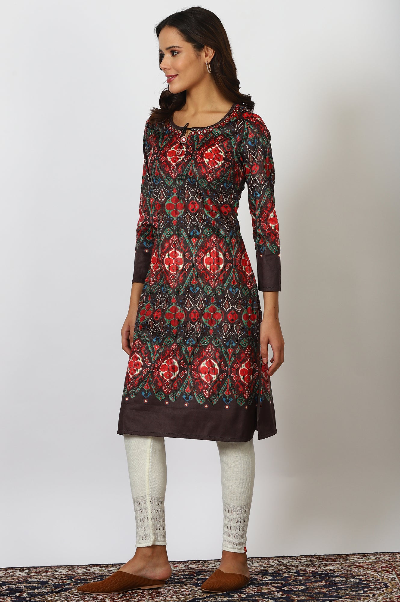 Multicolour Printed Mirror work Straight Kurta