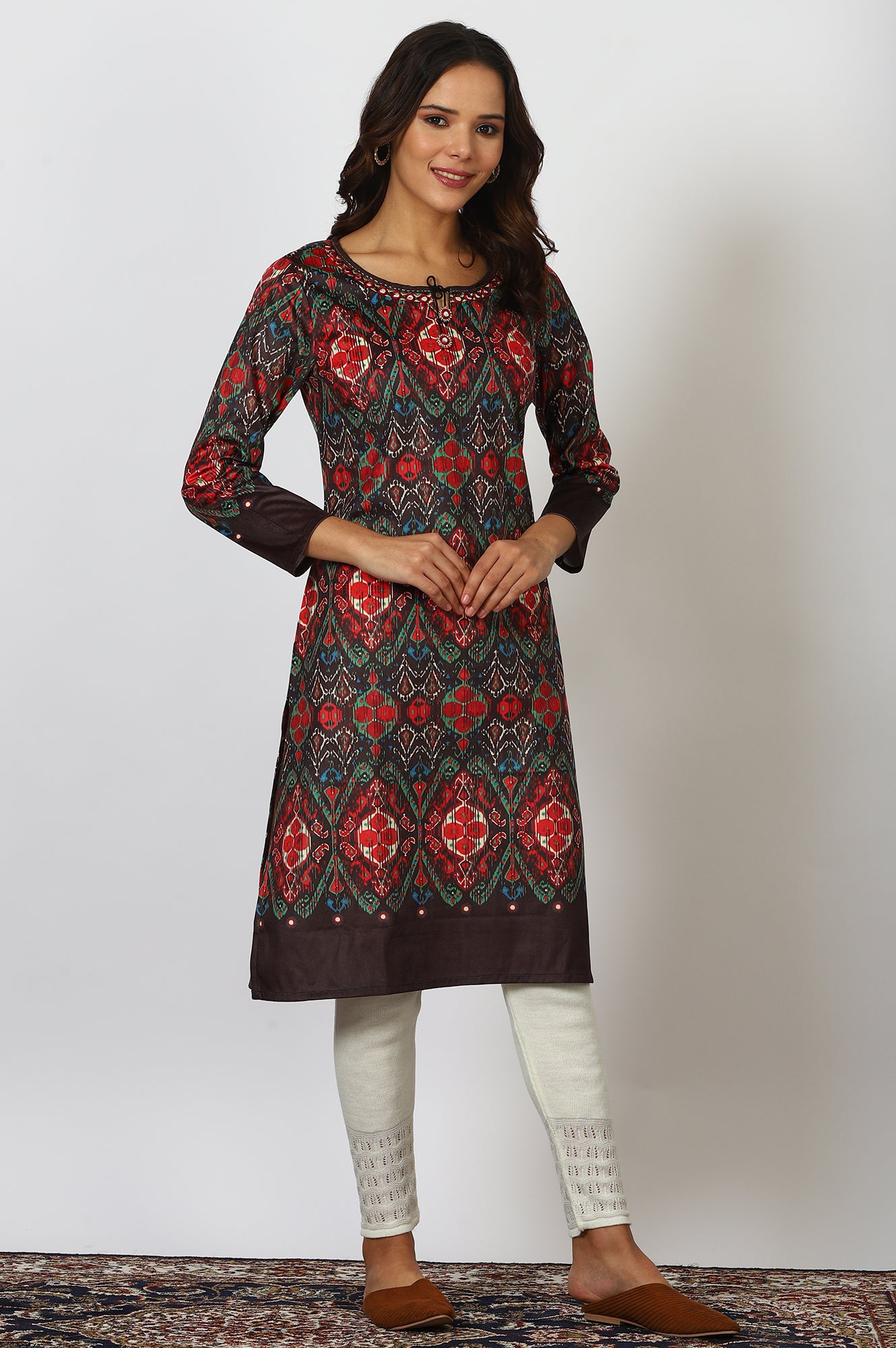 Multicolour Printed Mirror work Straight Kurta