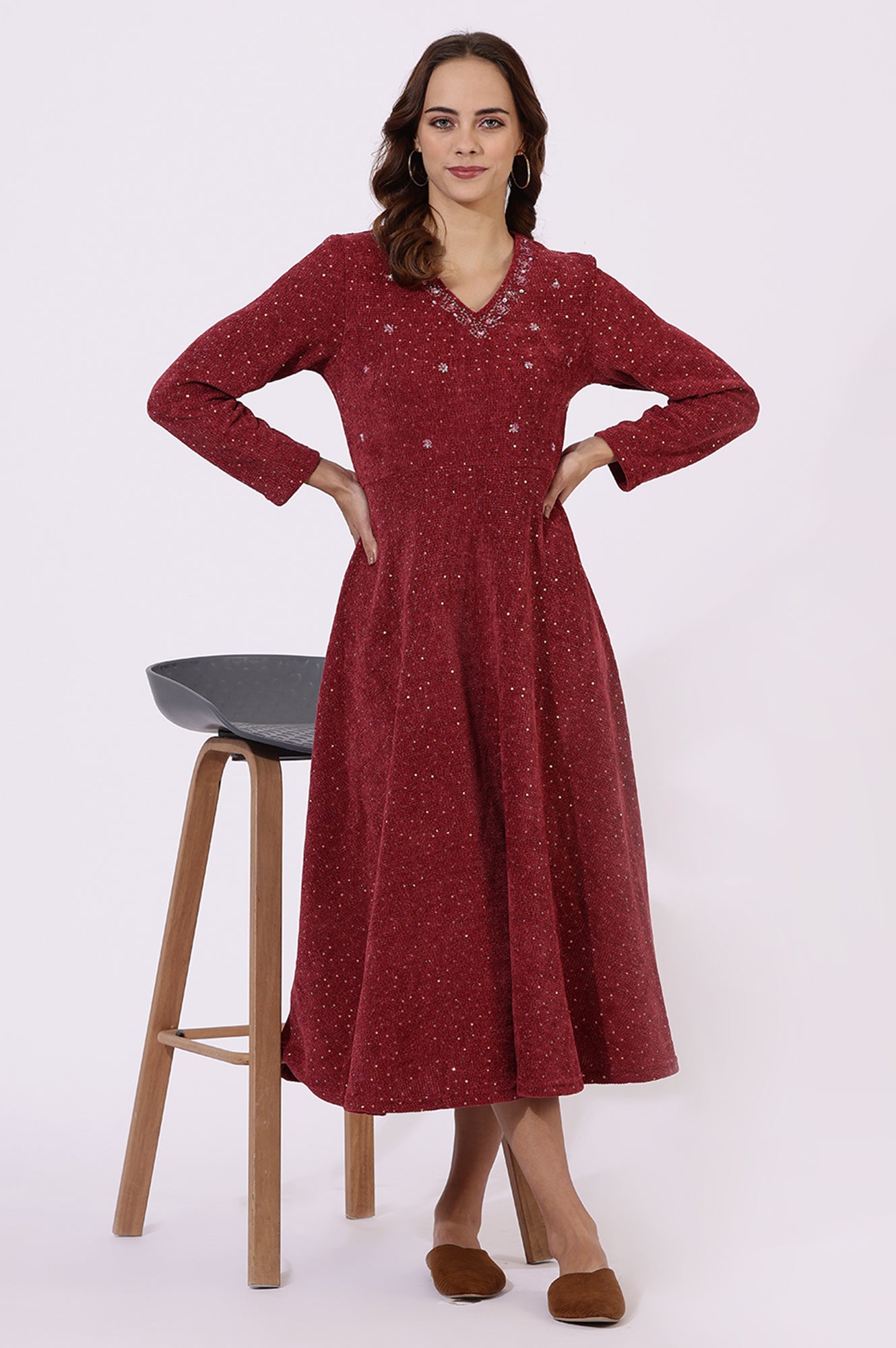 Maroon Solid Sequins Flarred Dresses