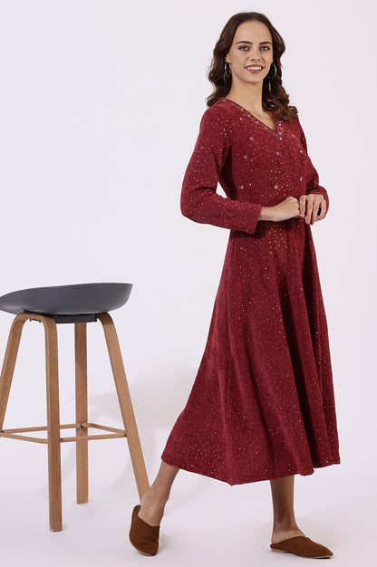 Maroon Solid Sequins Flarred Dresses