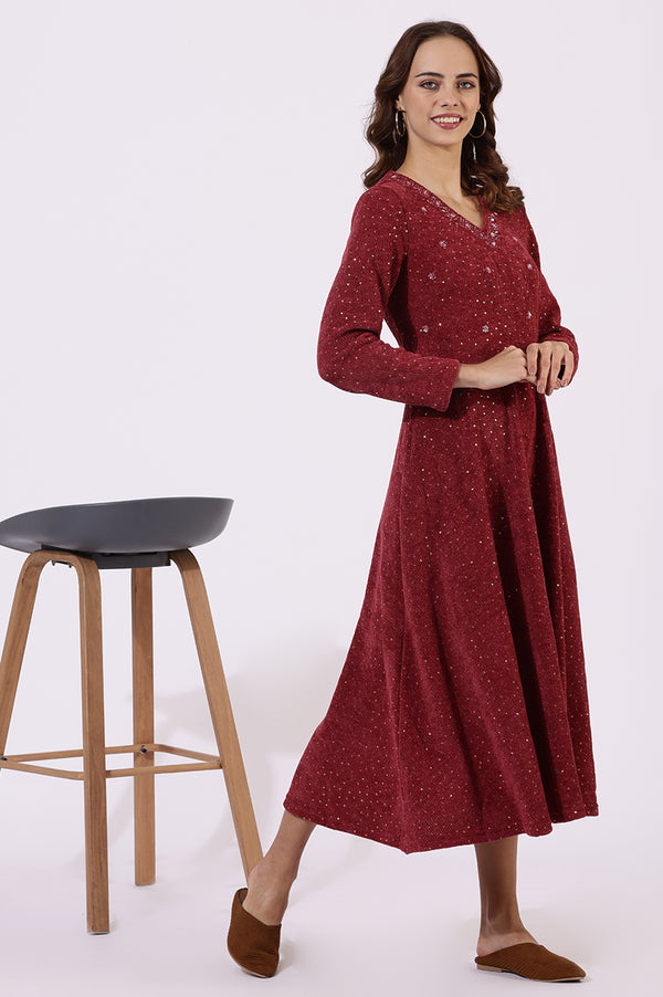 Maroon Solid Sequins Flarred Dresses