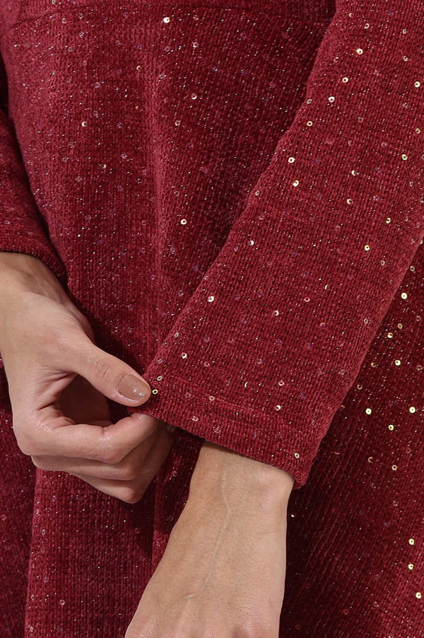 Maroon Solid Sequins Flarred Dresses