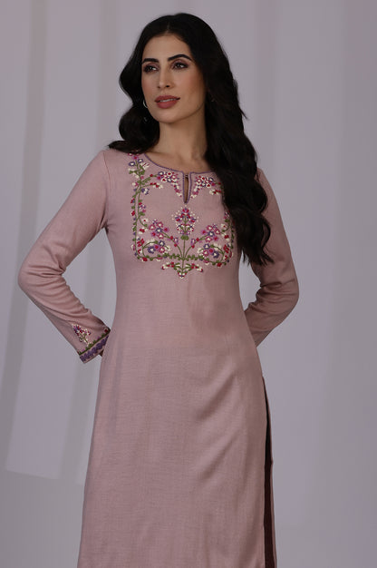Pink Embroidered Thread Work Acrylic Straight Kurta