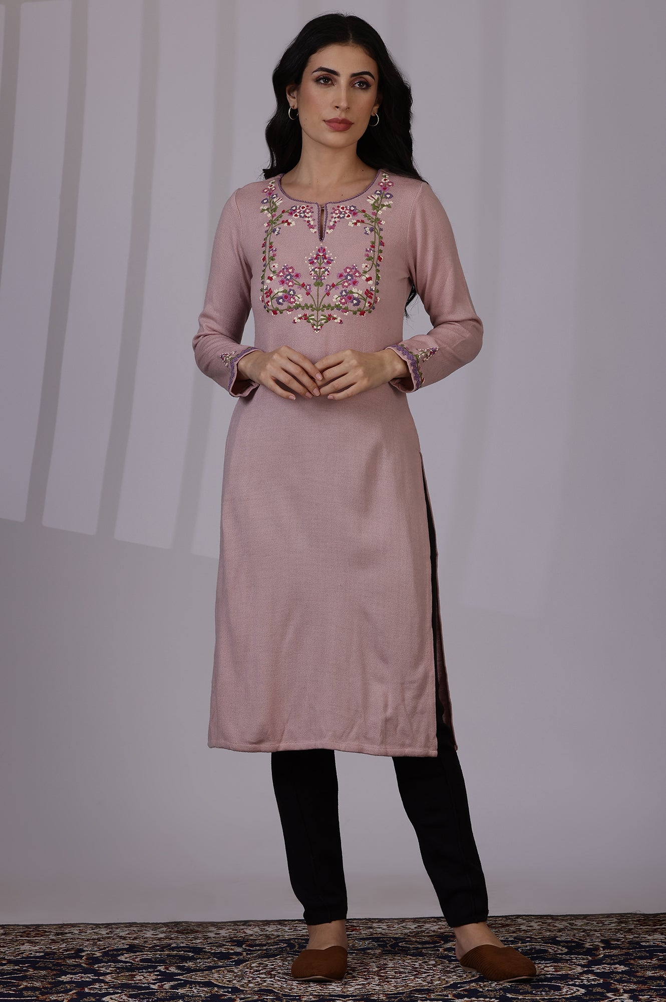 Pink Embroidered Thread Work Acrylic Straight Kurta