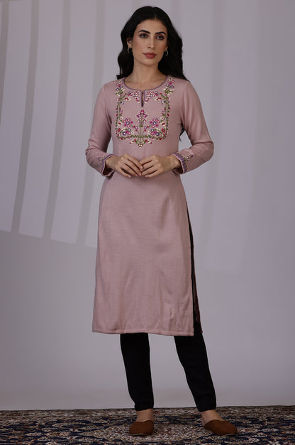 Pink Embroidered Thread Work Acrylic Straight Kurta