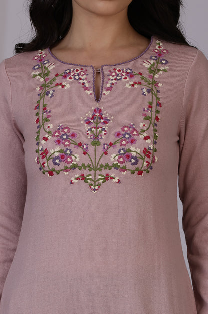 Pink Embroidered Thread Work Acrylic Straight Kurta