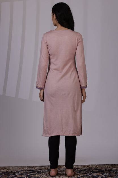 Pink Embroidered Thread Work Acrylic Straight Kurta