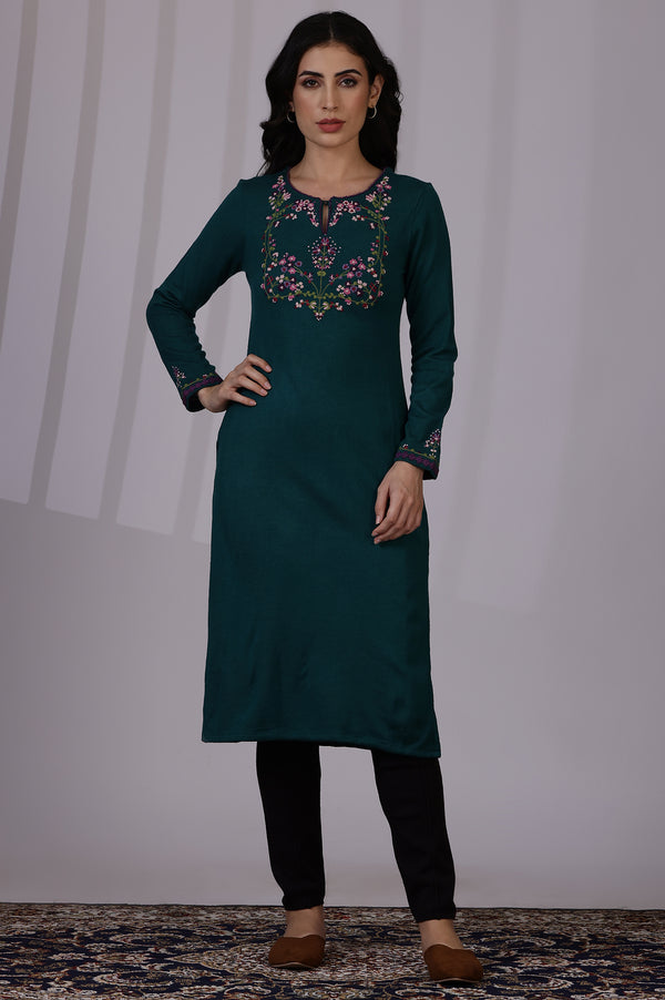 Blue Embroidered Thread Work Acrylic Straight Kurta
