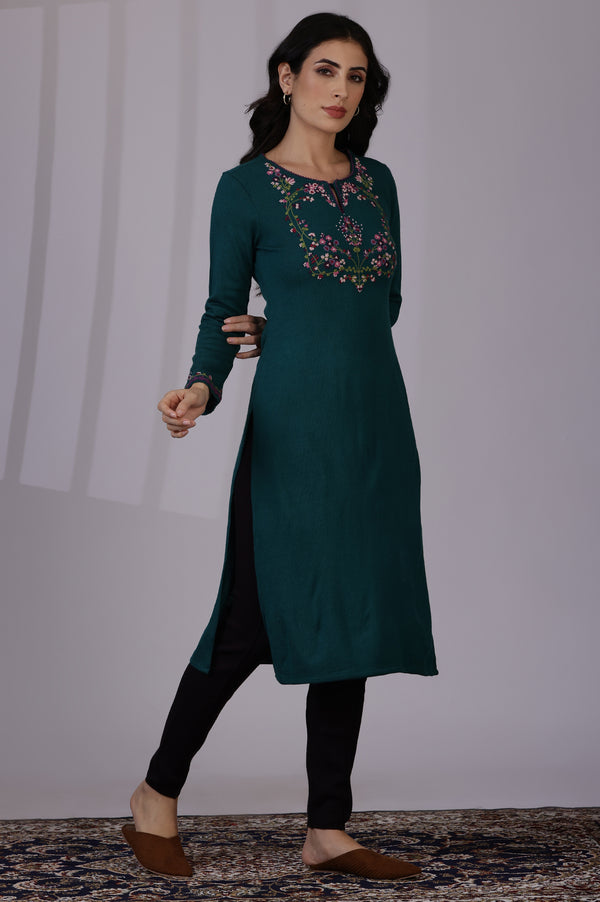 Blue Embroidered Thread Work Acrylic Straight Kurta