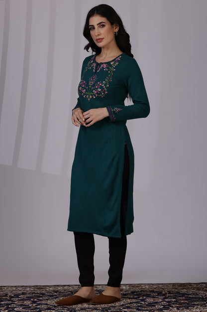 Blue Embroidered Thread Work Acrylic Straight Kurta