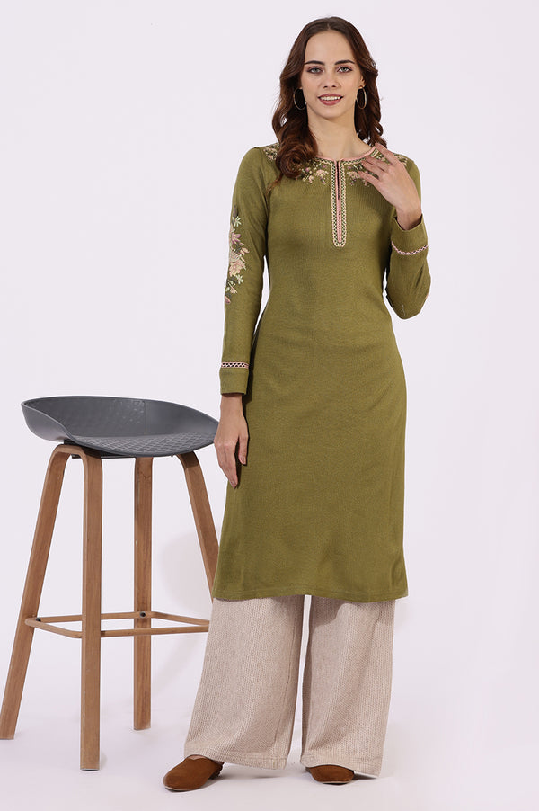 Green Embroidered Thread Work Acrylic Straight Kurta