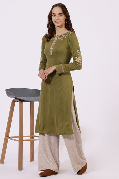 Green Embroidered Thread Work Acrylic Straight Kurta