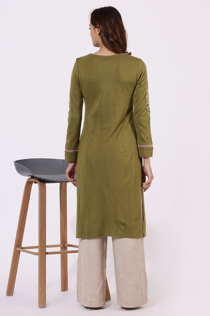 Green Embroidered Thread Work Acrylic Straight Kurta