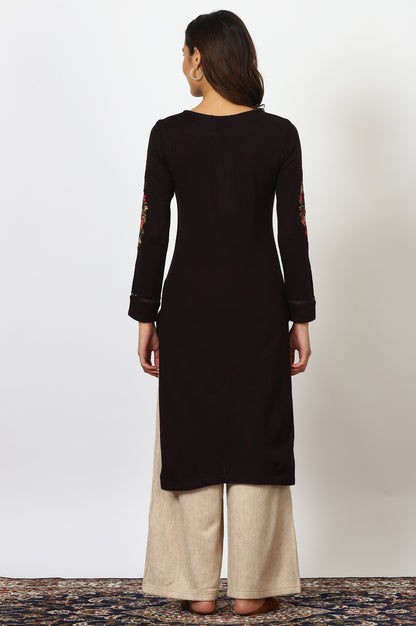 Maroon Embroidered Thread Work Acrylic Straight Kurta