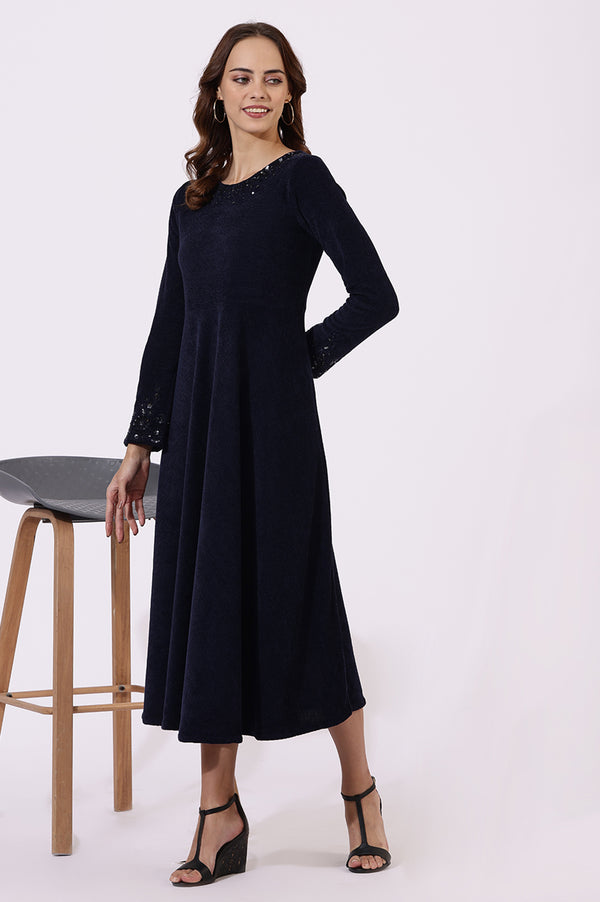 Blue Embroidered Sequins Flarred Dresses