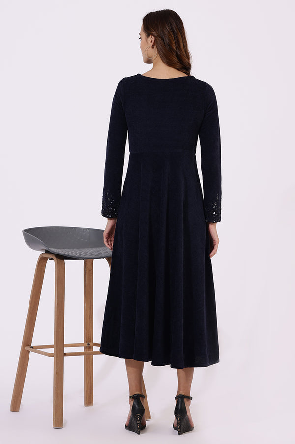 Blue Embroidered Sequins Flarred Dresses