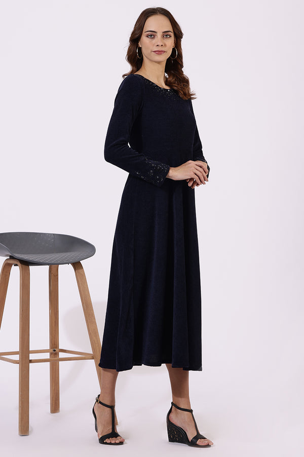 Blue Embroidered Sequins Flarred Dresses