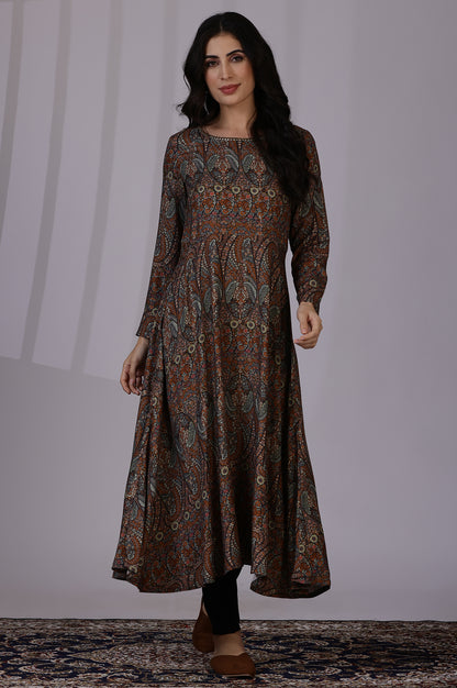 Multicolour Printed Beads Flarred Dresses