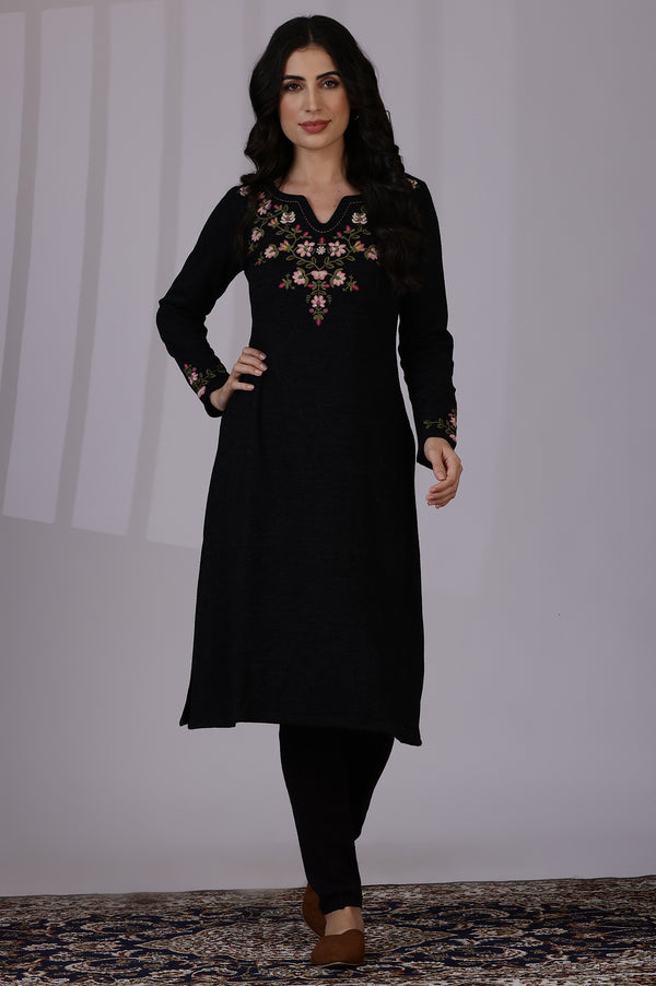 Grey Solid Thread Work Acrylic A-Line Kurta