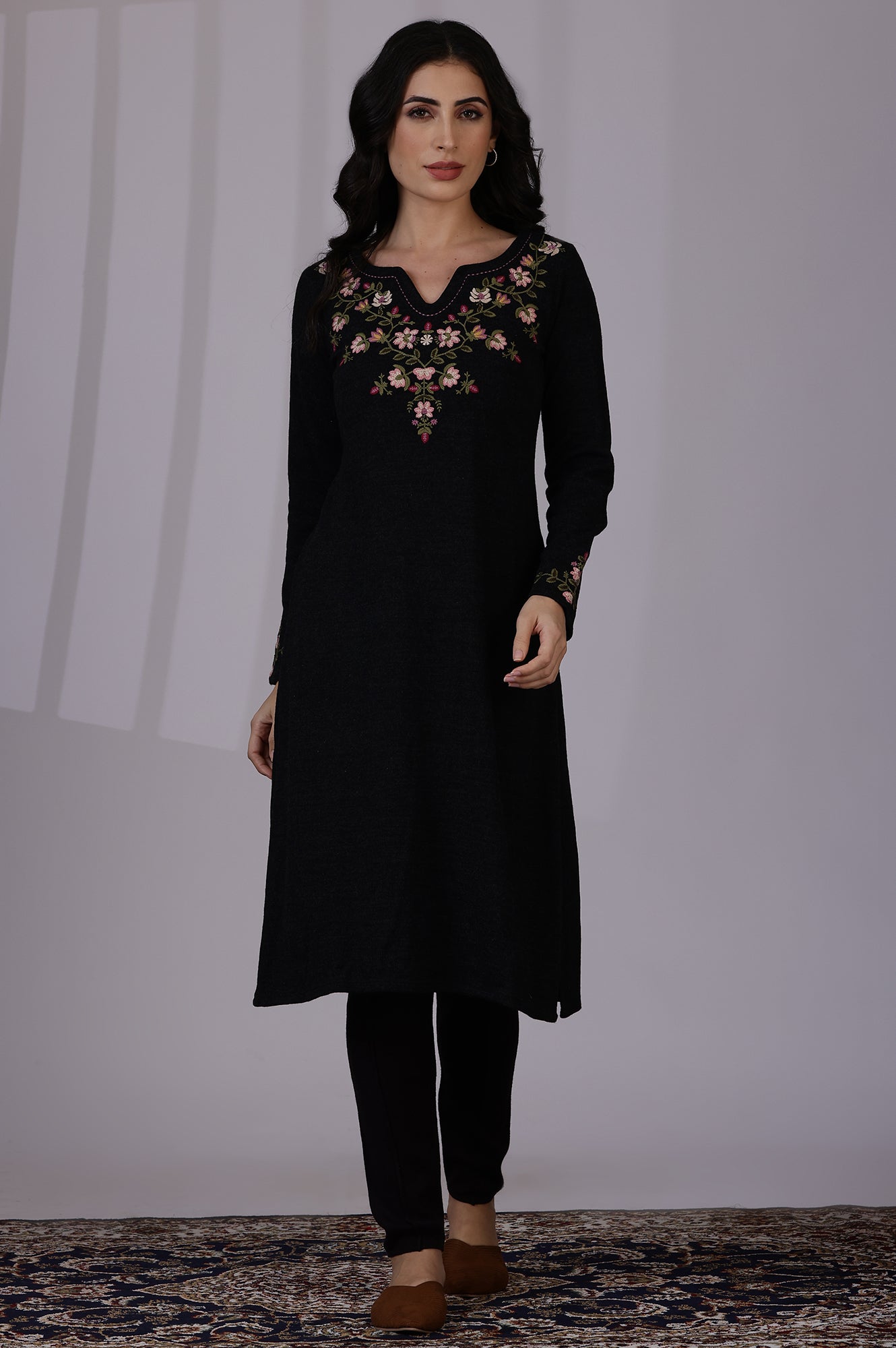 Grey Solid Thread Work Acrylic A-Line Kurta