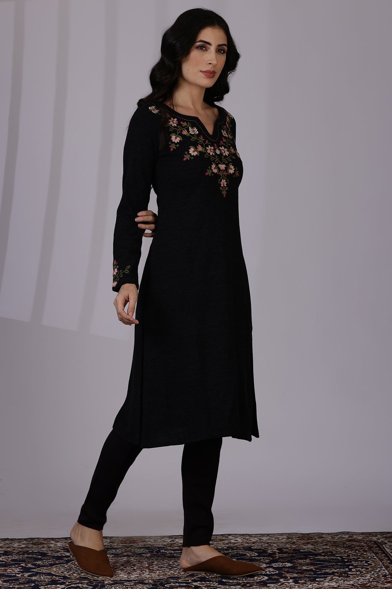 Grey Solid Thread Work Acrylic A-Line Kurta