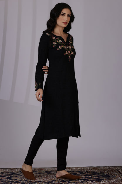 Grey Solid Thread Work Acrylic A-Line Kurta