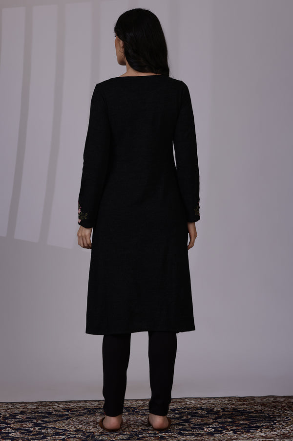 Grey Solid Thread Work Acrylic A-Line Kurta