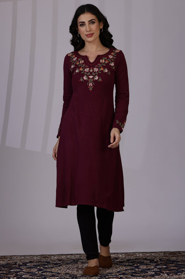 Purple Solid Thread Work Acrylic A-Line Kurta