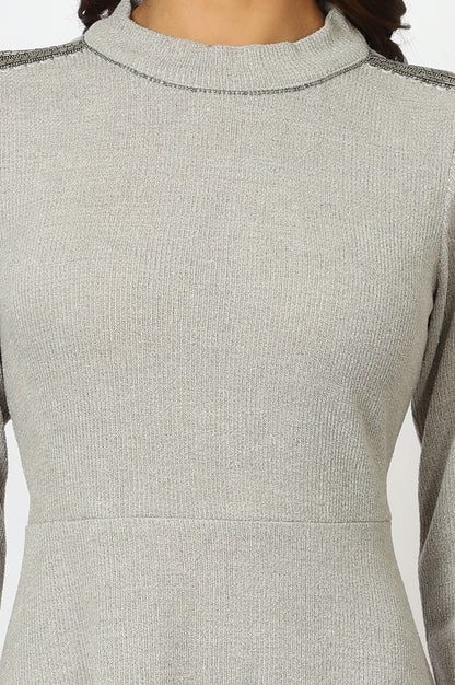 Grey Solid Metallic Hardware Flarred Dresses