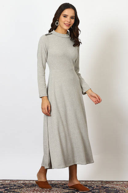 Grey Solid Metallic Hardware Flarred Dresses