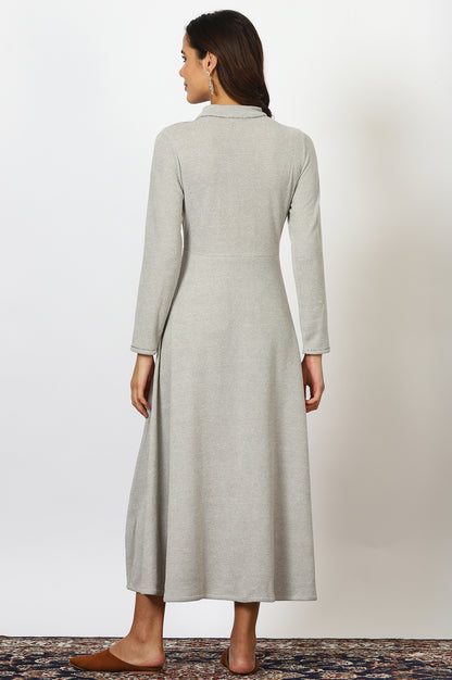 Grey Solid Metallic Hardware Flarred Dresses