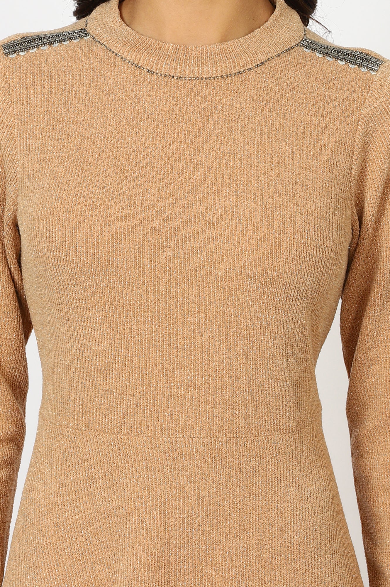 Brown Solid Metallic Hardware Flarred Dresses