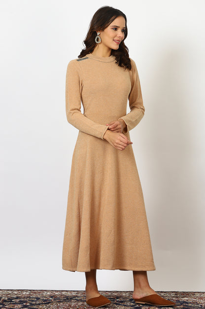 Brown Solid Metallic Hardware Flarred Dresses