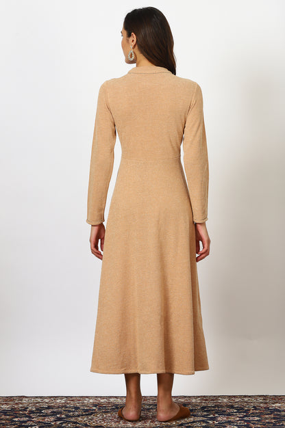 Brown Solid Metallic Hardware Flarred Dresses