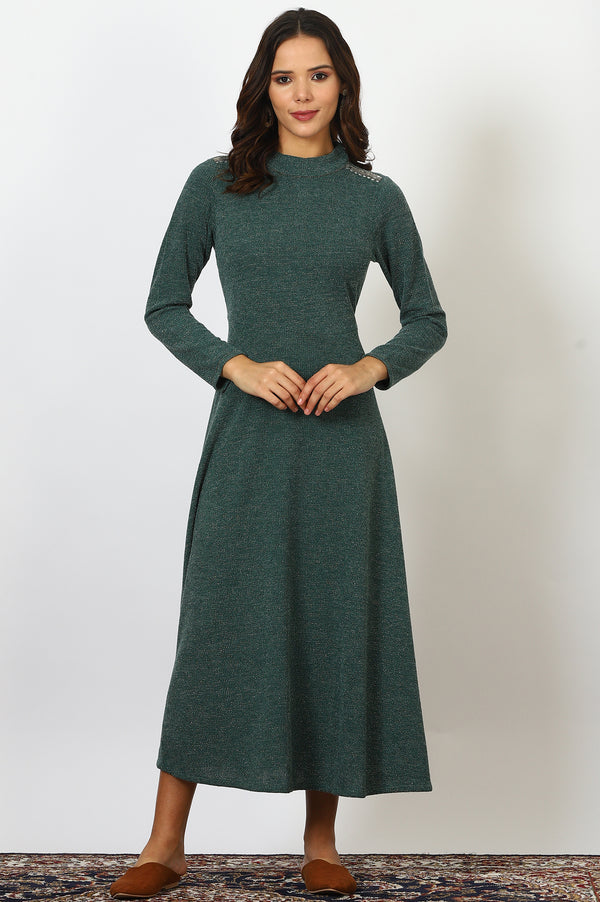 Green Solid Metallic Hardware Flarred Dresses