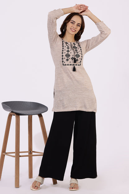 Off White Solid Thread Work Acrylic Straight Westernwear