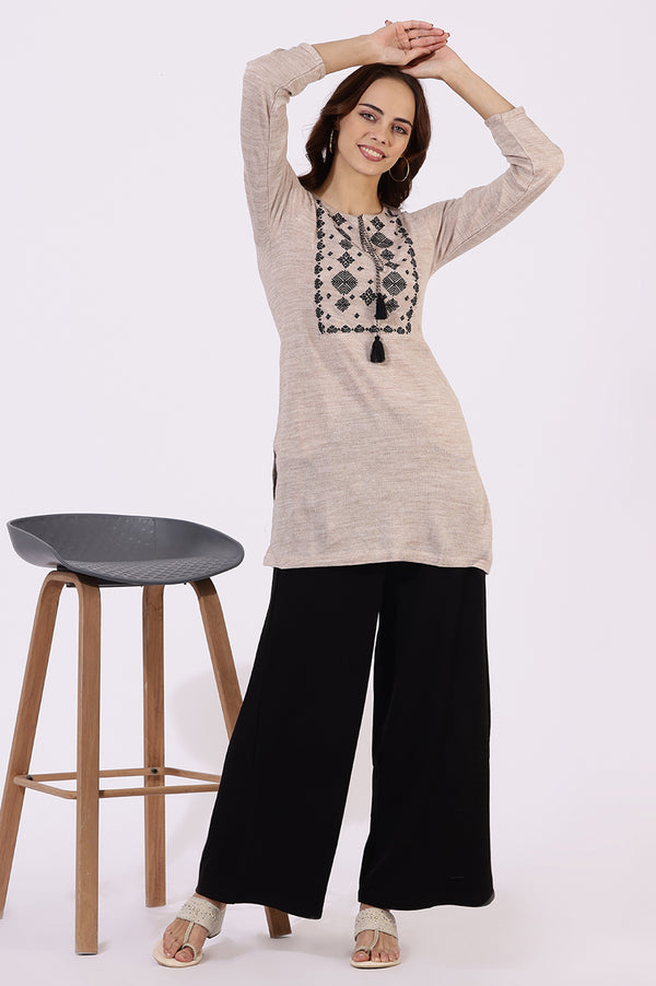 Off White Solid Thread Work Acrylic Straight Tunic