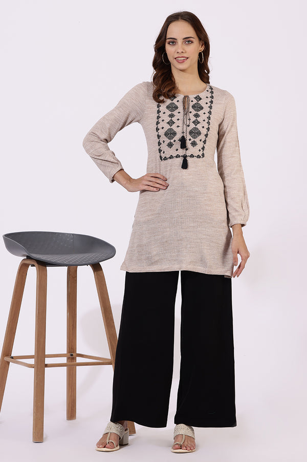 Off White Solid Thread Work Acrylic Straight Tunic