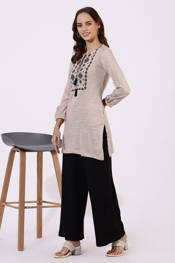 Off White Solid Thread Work Acrylic Straight Tunic