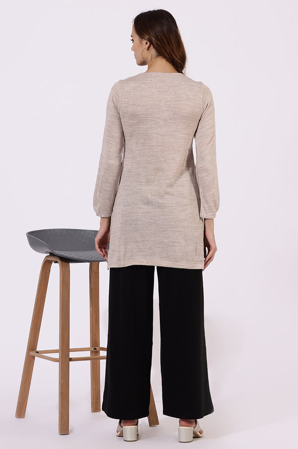 Off White Solid Thread Work Acrylic Straight Tunic