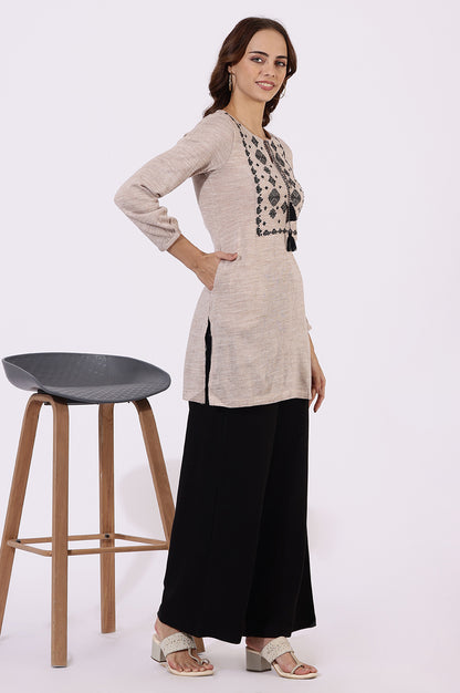 Off White Solid Thread Work Acrylic Straight Westernwear