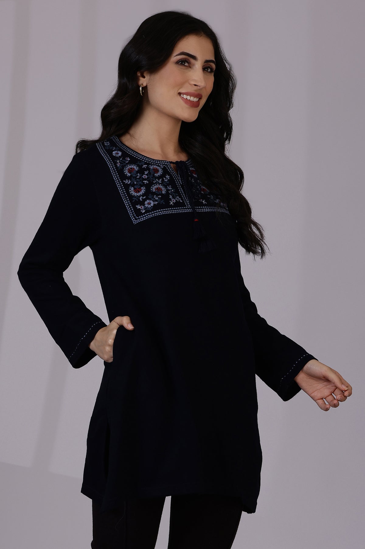 Blue Solid Thread Work Acrylic Straight Tunic - S