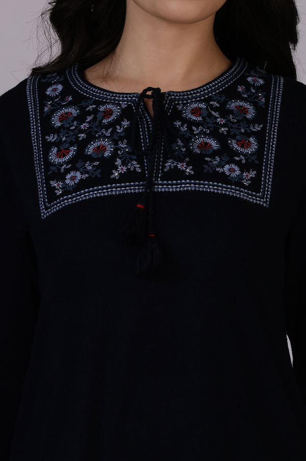 Blue Solid Thread Work Acrylic Straight Tunic