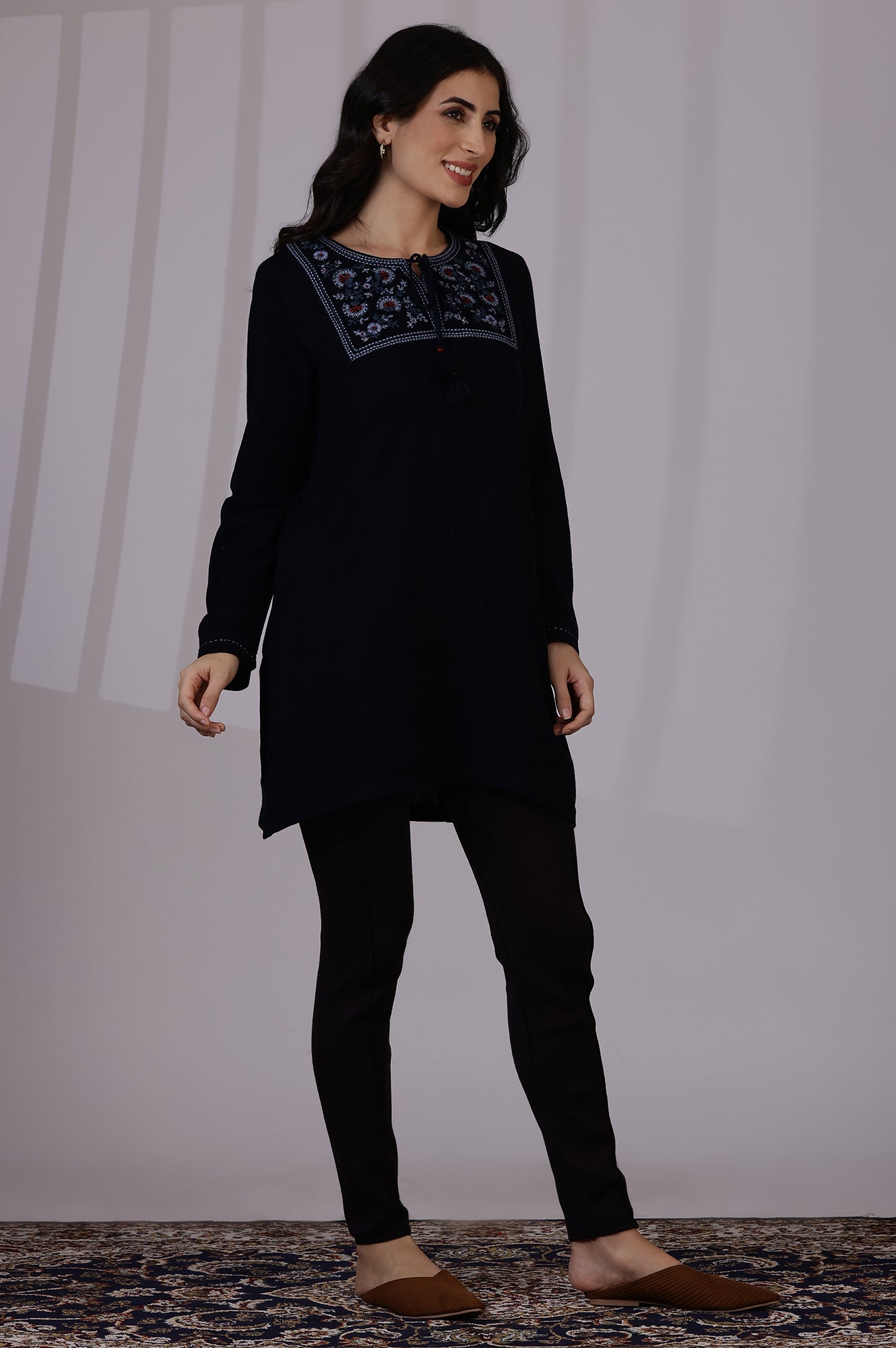 Blue Solid Thread Work Acrylic Straight Westernwear