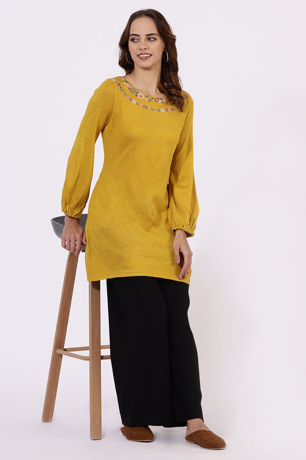 Yellow Solid Thread Work Acrylic Straight Tunic