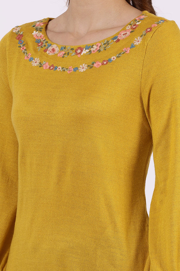 Yellow Solid Thread Work Acrylic Straight Tunic