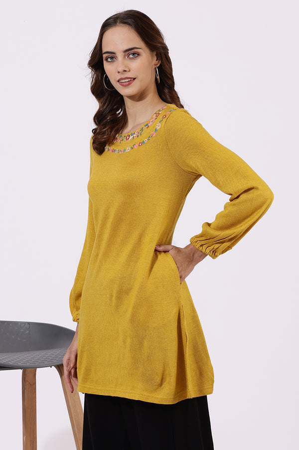 Yellow Solid Thread Work Acrylic Straight Tunic